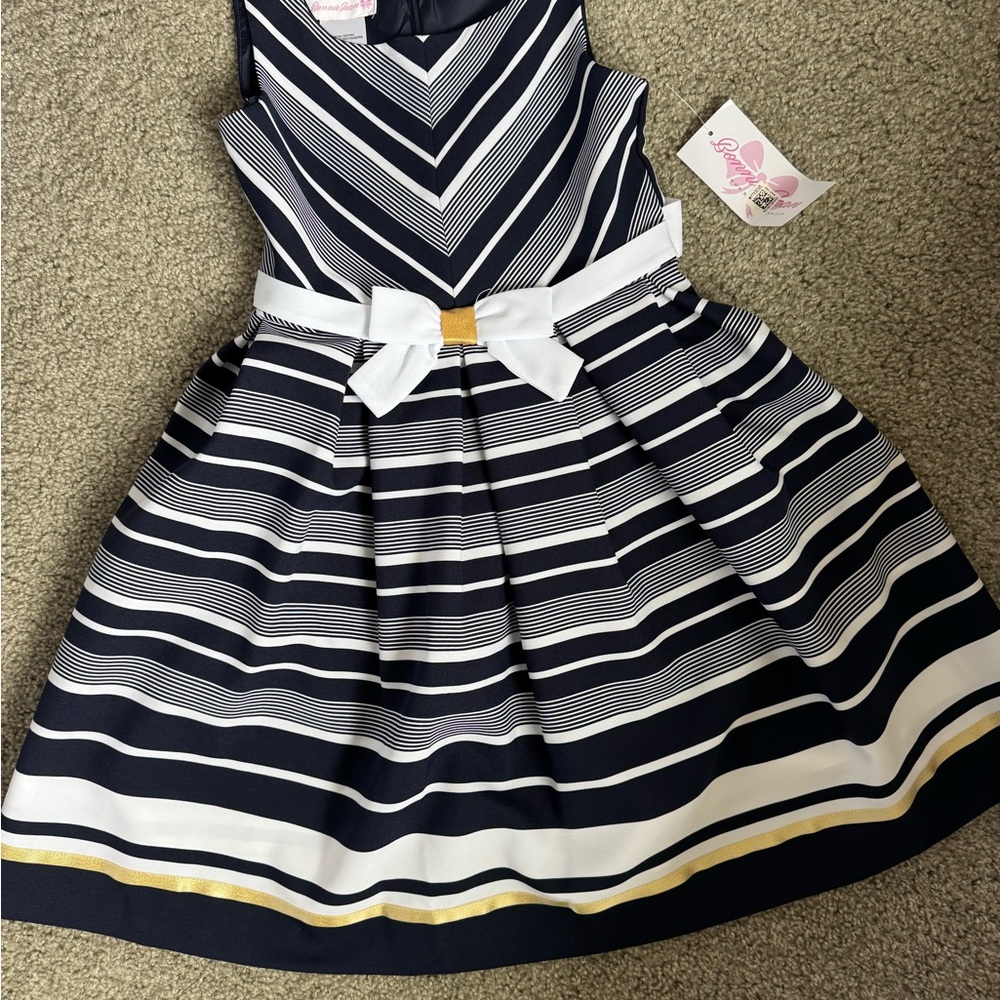Bonnie Jean Navy, White & Gold Striped A-Line Dress